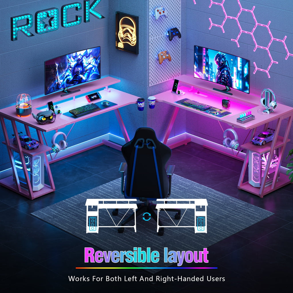 Satifur 39" Pro L-Shaped Gaming Desk Black, RGB LED, Power Hub &amp; Monitor Riser for Ultimate Setup