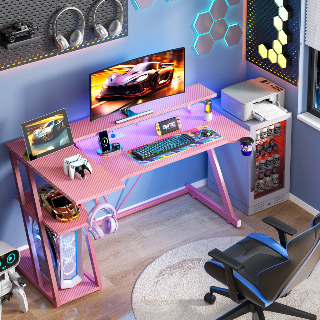 Satifur 39" Pro L-Shaped Gaming Desk Black, RGB LED, Power Hub &amp; Monitor Riser for Ultimate Setup