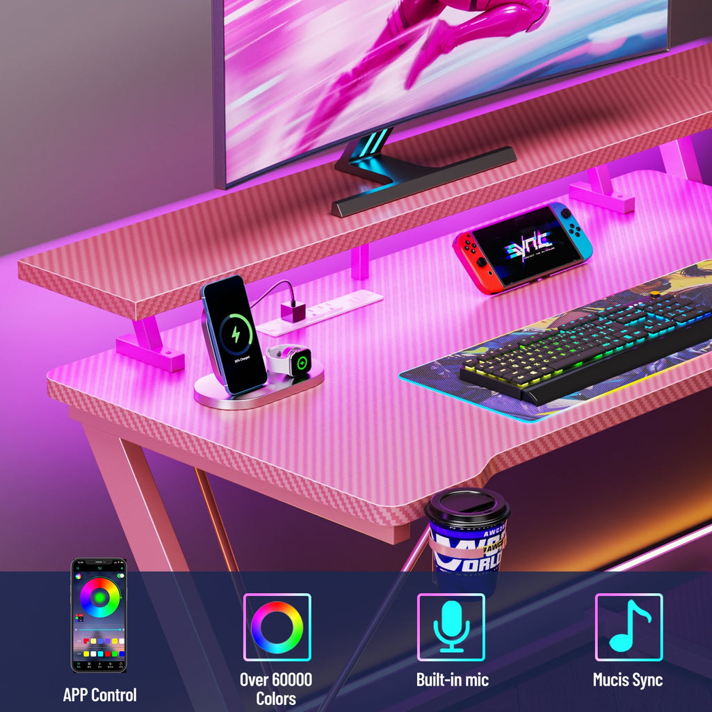 Satifur 39" Pro L-Shaped Gaming Desk Black, RGB LED, Power Hub &amp; Monitor Riser for Ultimate Setup