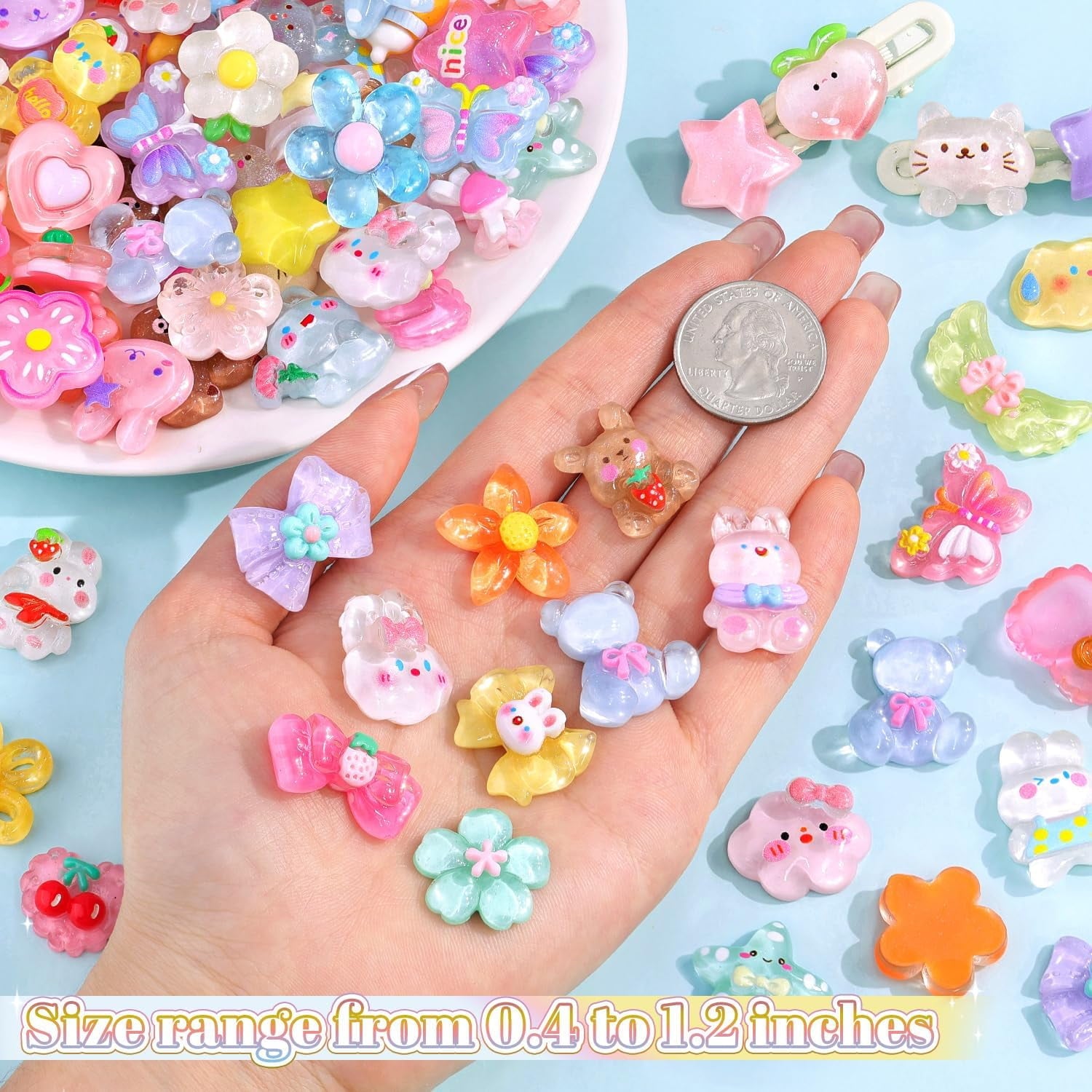 60Pcs Mixed Colors Slime Charms Assorted Cute Jelly Embellishments, Random Bulk Flatback Resin Ornament Bear Star Kawaii Slime Accessories for Phone Junk Case, Scrapbooking Crafting &amp; DIY Decor