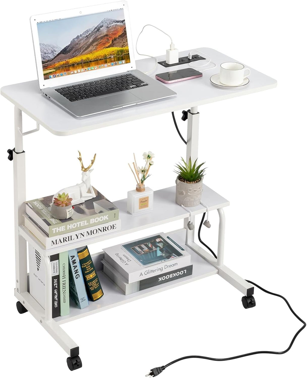 FCH 31.5" Mobile Small Standing Desk, Adjustable Height Mobile Computer Desk, w/2 AC Outlets + 3 USB Ports &amp; Hooks, Storage Shelves, Suitable for Gaming, Studying, Home Office, White