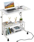 FCH 31.5" Mobile Small Standing Desk, Adjustable Height Mobile Computer Desk, w/2 AC Outlets + 3 USB Ports &amp; Hooks, Storage Shelves, Suitable for Gaming, Studying, Home Office, White