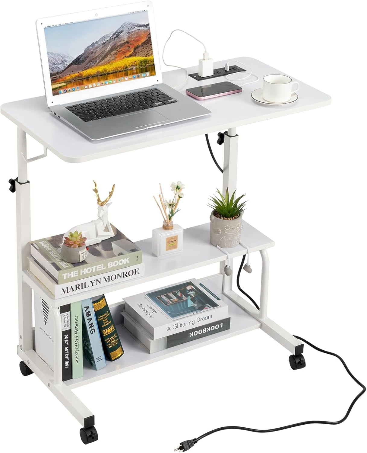 FCH 31.5" Mobile Small Standing Desk, Adjustable Height Mobile Computer Desk, w/2 AC Outlets + 3 USB Ports &amp; Hooks, Storage Shelves, Suitable for Gaming, Studying, Home Office, White