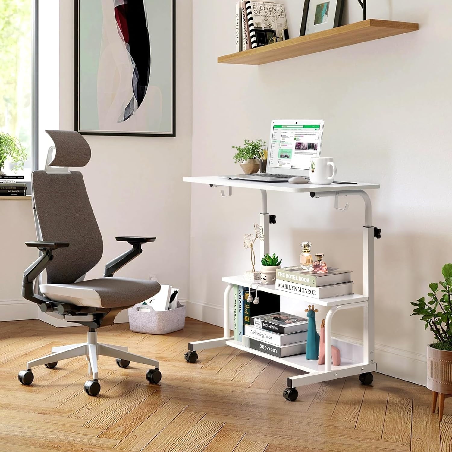 FCH 31.5" Mobile Small Standing Desk, Adjustable Height Mobile Computer Desk, w/2 AC Outlets + 3 USB Ports &amp; Hooks, Storage Shelves, Suitable for Gaming, Studying, Home Office, White