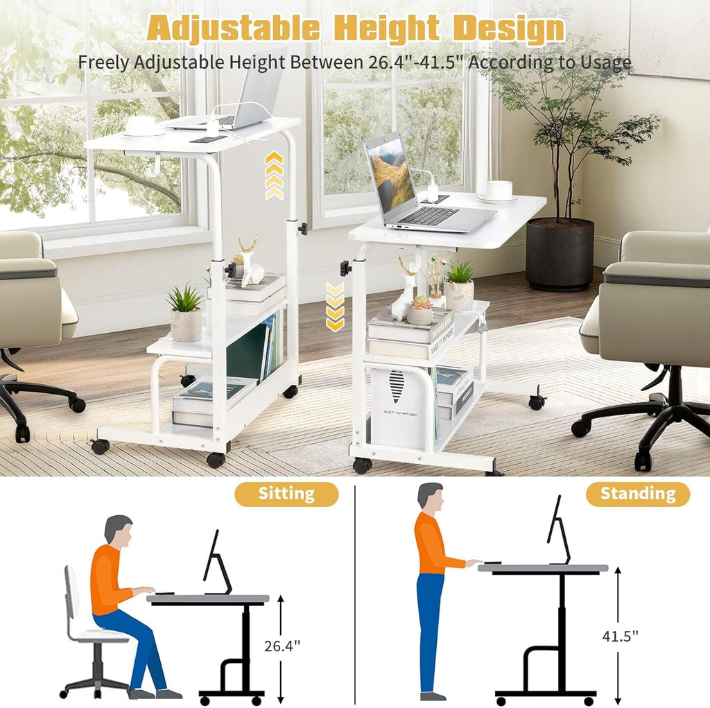 FCH 31.5" Mobile Small Standing Desk, Adjustable Height Mobile Computer Desk, w/2 AC Outlets + 3 USB Ports &amp; Hooks, Storage Shelves, Suitable for Gaming, Studying, Home Office, White