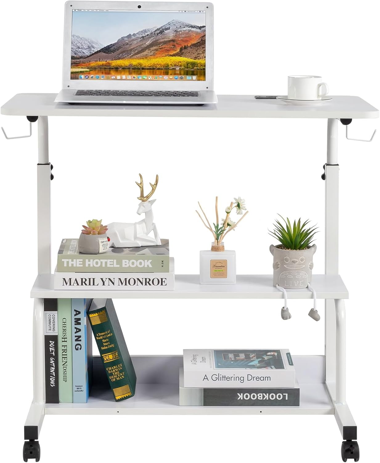 FCH 31.5" Mobile Small Standing Desk, Adjustable Height Mobile Computer Desk, w/2 AC Outlets + 3 USB Ports &amp; Hooks, Storage Shelves, Suitable for Gaming, Studying, Home Office, White