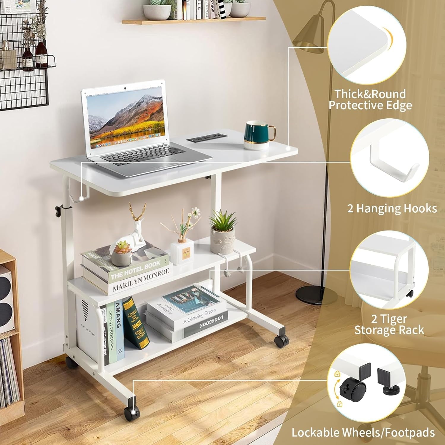 FCH 31.5" Mobile Small Standing Desk, Adjustable Height Mobile Computer Desk, w/2 AC Outlets + 3 USB Ports &amp; Hooks, Storage Shelves, Suitable for Gaming, Studying, Home Office, White