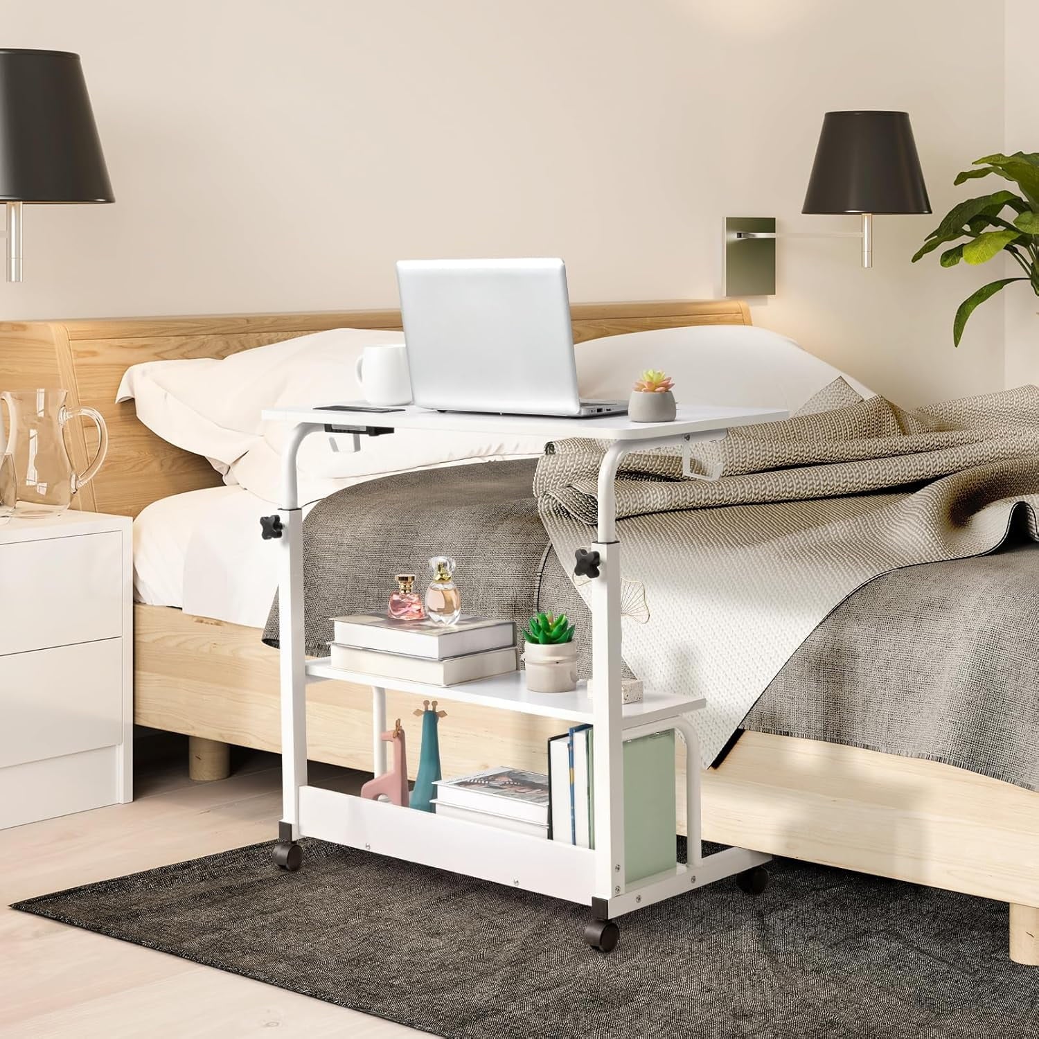 FCH 31.5" Mobile Small Standing Desk, Adjustable Height Mobile Computer Desk, w/2 AC Outlets + 3 USB Ports &amp; Hooks, Storage Shelves, Suitable for Gaming, Studying, Home Office, White