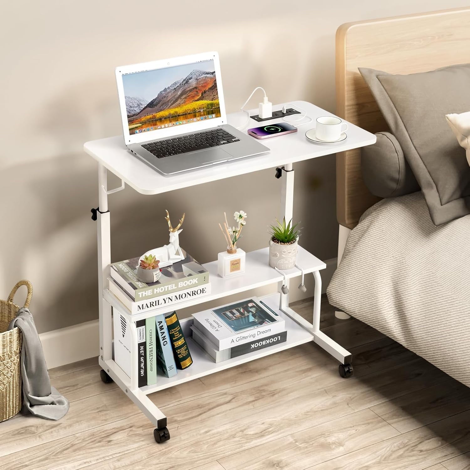 FCH 31.5" Mobile Small Standing Desk, Adjustable Height Mobile Computer Desk, w/2 AC Outlets + 3 USB Ports &amp; Hooks, Storage Shelves, Suitable for Gaming, Studying, Home Office, White