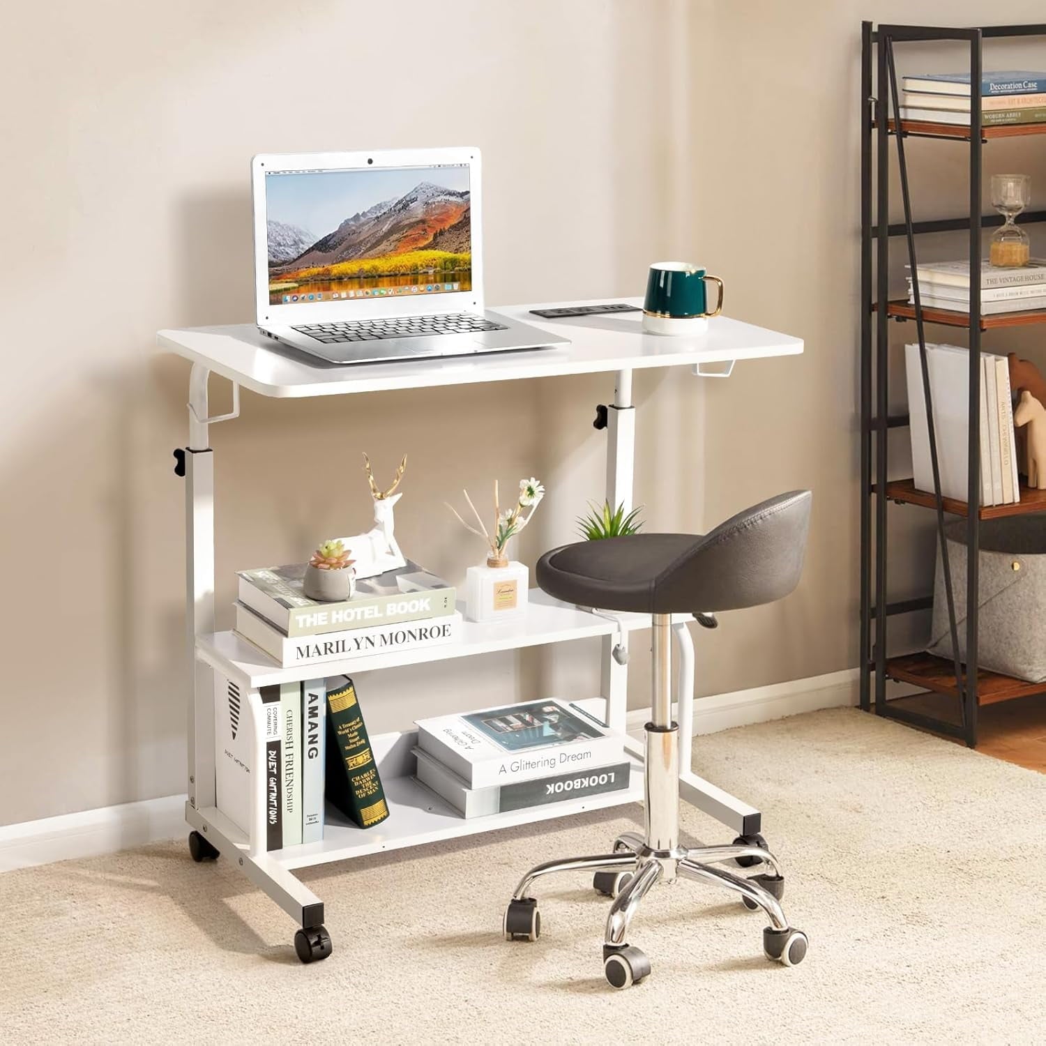 FCH 31.5" Mobile Small Standing Desk, Adjustable Height Mobile Computer Desk, w/2 AC Outlets + 3 USB Ports &amp; Hooks, Storage Shelves, Suitable for Gaming, Studying, Home Office, White