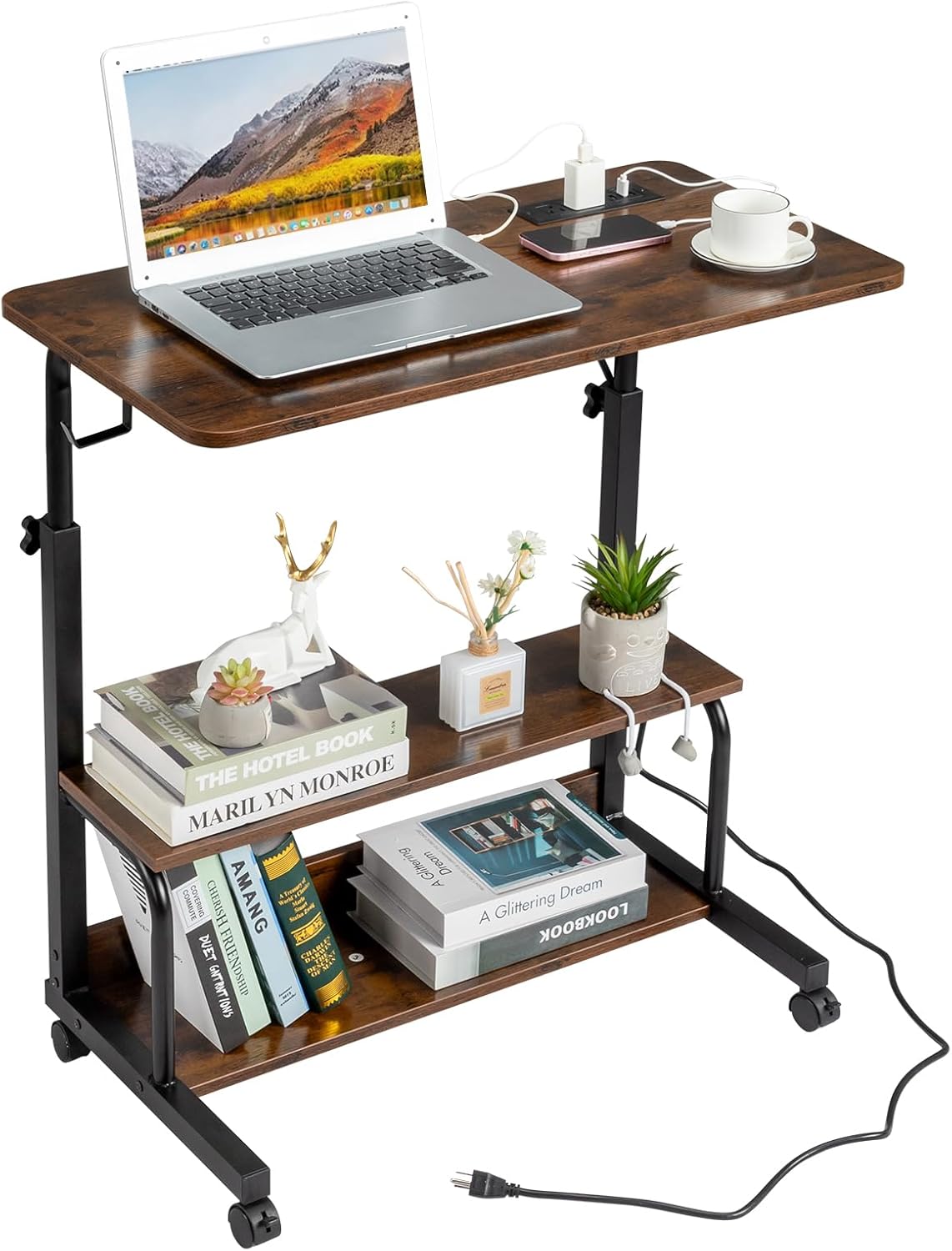FCH 31.5" Mobile Small Standing Desk, Adjustable Height Mobile Computer Desk, w/2 AC Outlets + 3 USB Ports &amp; Hooks, Storage Shelves, Suitable for Gaming, Studying, Home Office, White