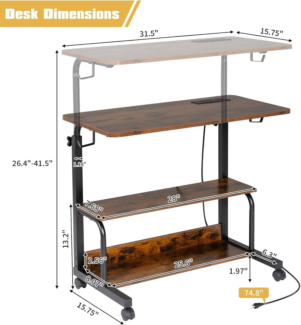 FCH 31.5" Mobile Small Standing Desk, Adjustable Height Mobile Computer Desk, w/2 AC Outlets + 3 USB Ports &amp; Hooks, Storage Shelves, Suitable for Gaming, Studying, Home Office, White