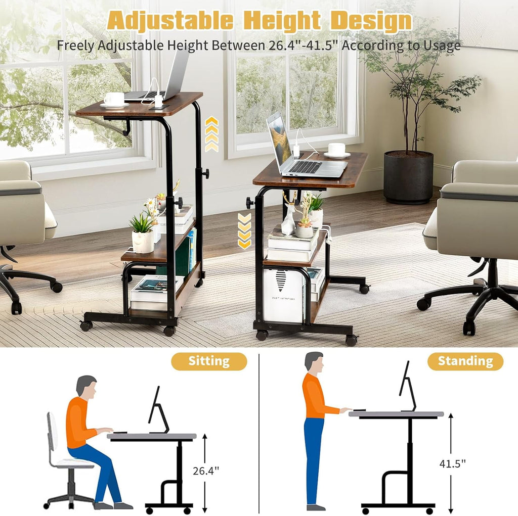 FCH 31.5" Mobile Small Standing Desk, Adjustable Height Mobile Computer Desk, w/2 AC Outlets + 3 USB Ports &amp; Hooks, Storage Shelves, Suitable for Gaming, Studying, Home Office, White