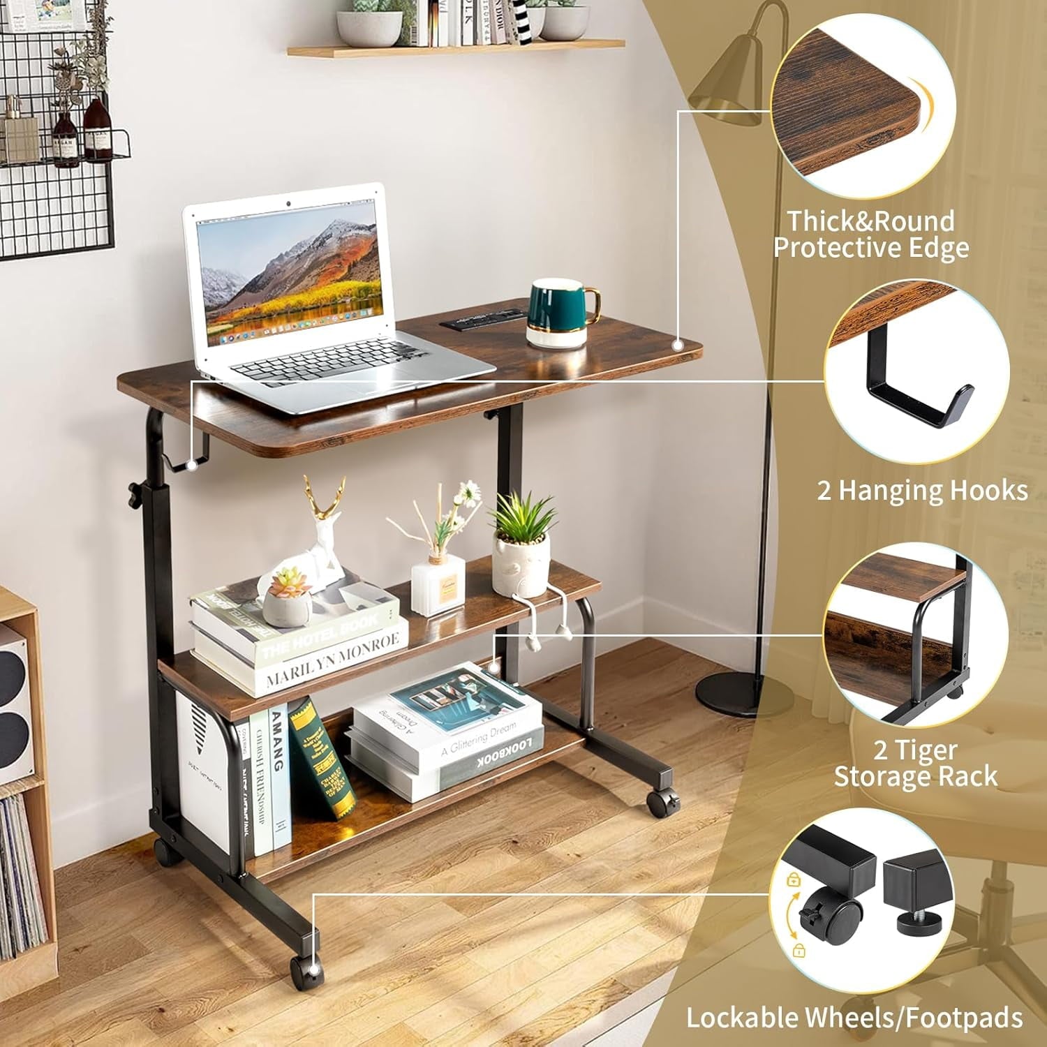 FCH 31.5" Mobile Small Standing Desk, Adjustable Height Mobile Computer Desk, w/2 AC Outlets + 3 USB Ports &amp; Hooks, Storage Shelves, Suitable for Gaming, Studying, Home Office, White