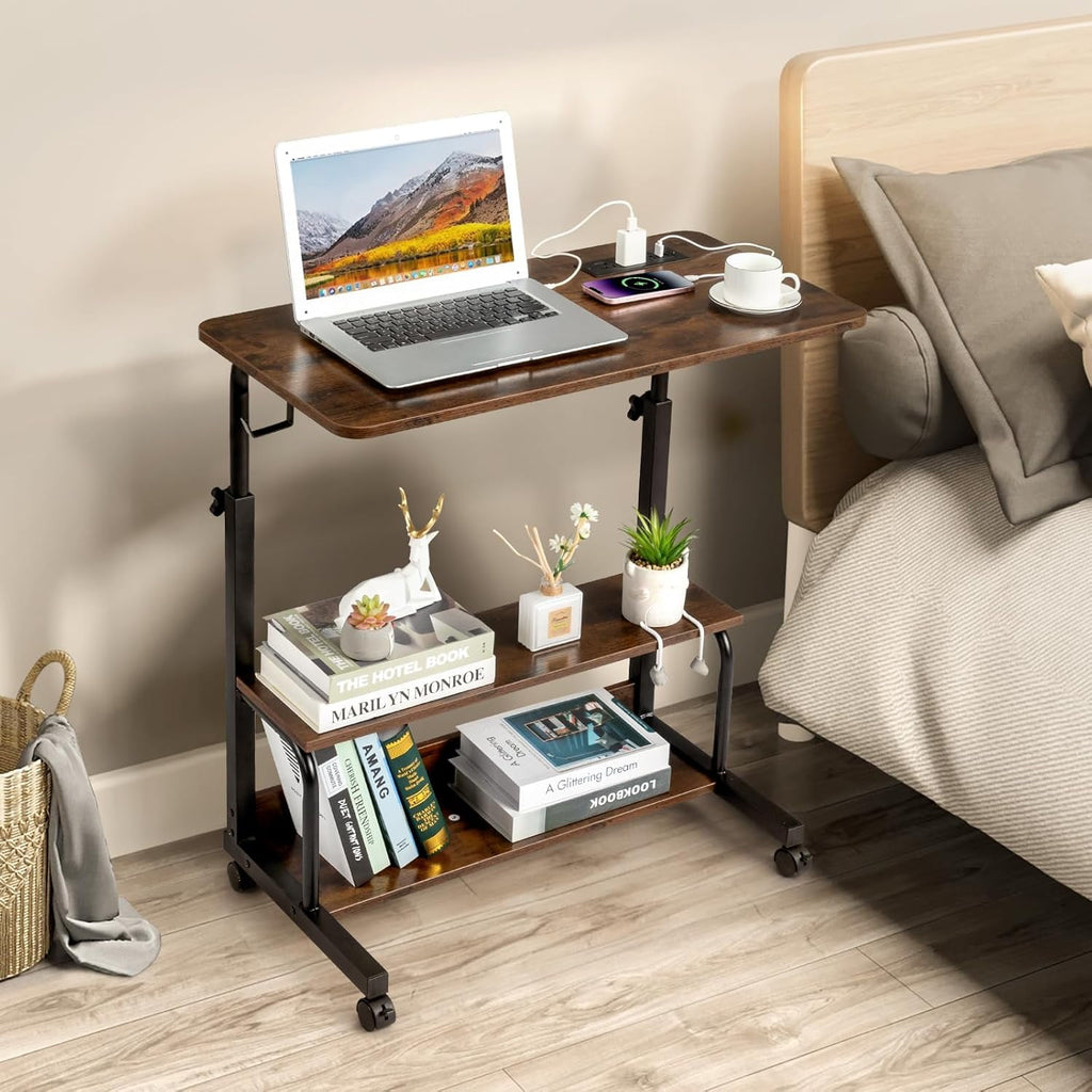 FCH 31.5" Mobile Small Standing Desk, Adjustable Height Mobile Computer Desk, w/2 AC Outlets + 3 USB Ports &amp; Hooks, Storage Shelves, Suitable for Gaming, Studying, Home Office, White