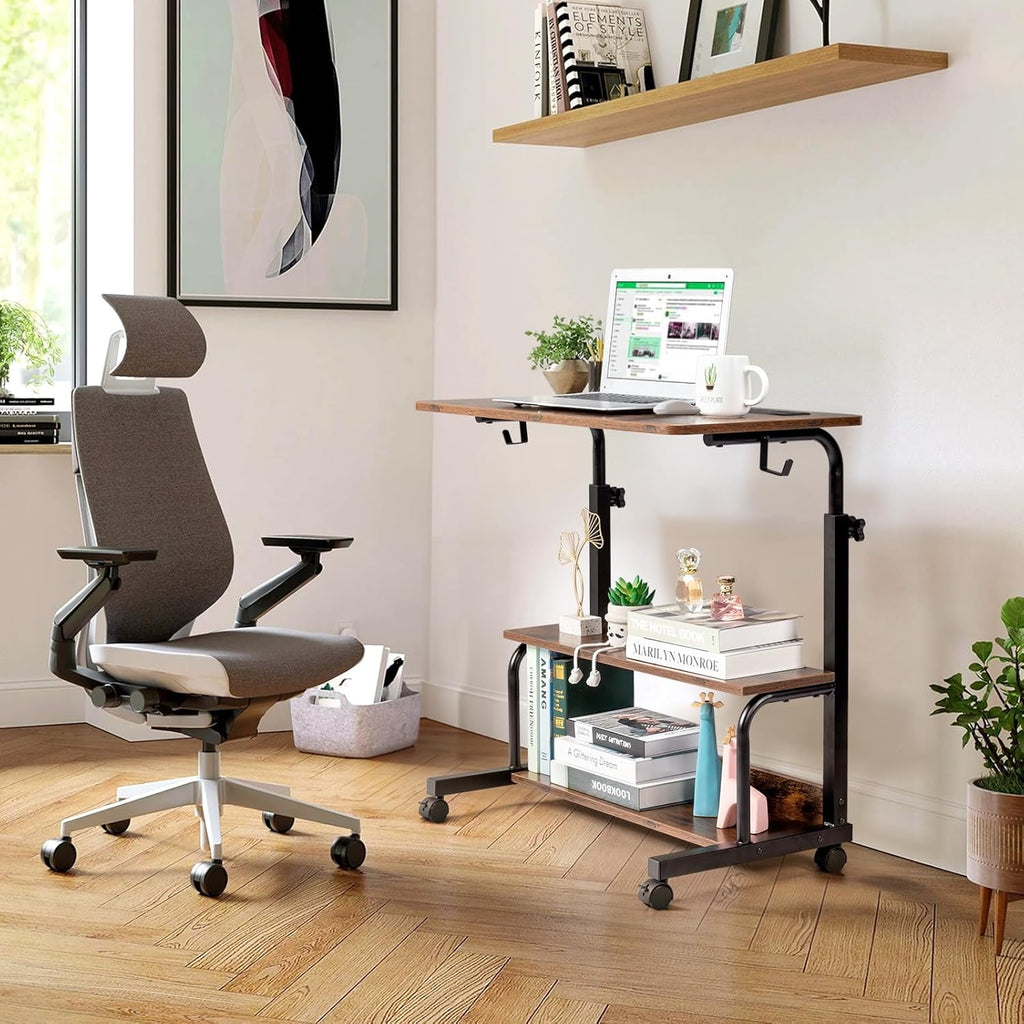FCH 31.5" Mobile Small Standing Desk, Adjustable Height Mobile Computer Desk, w/2 AC Outlets + 3 USB Ports &amp; Hooks, Storage Shelves, Suitable for Gaming, Studying, Home Office, White