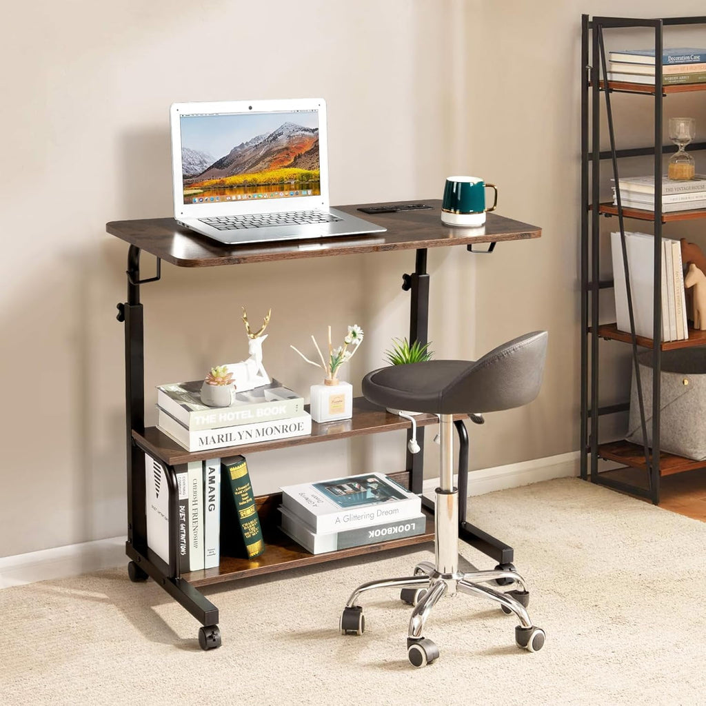 FCH 31.5" Mobile Small Standing Desk, Adjustable Height Mobile Computer Desk, w/2 AC Outlets + 3 USB Ports &amp; Hooks, Storage Shelves, Suitable for Gaming, Studying, Home Office, White