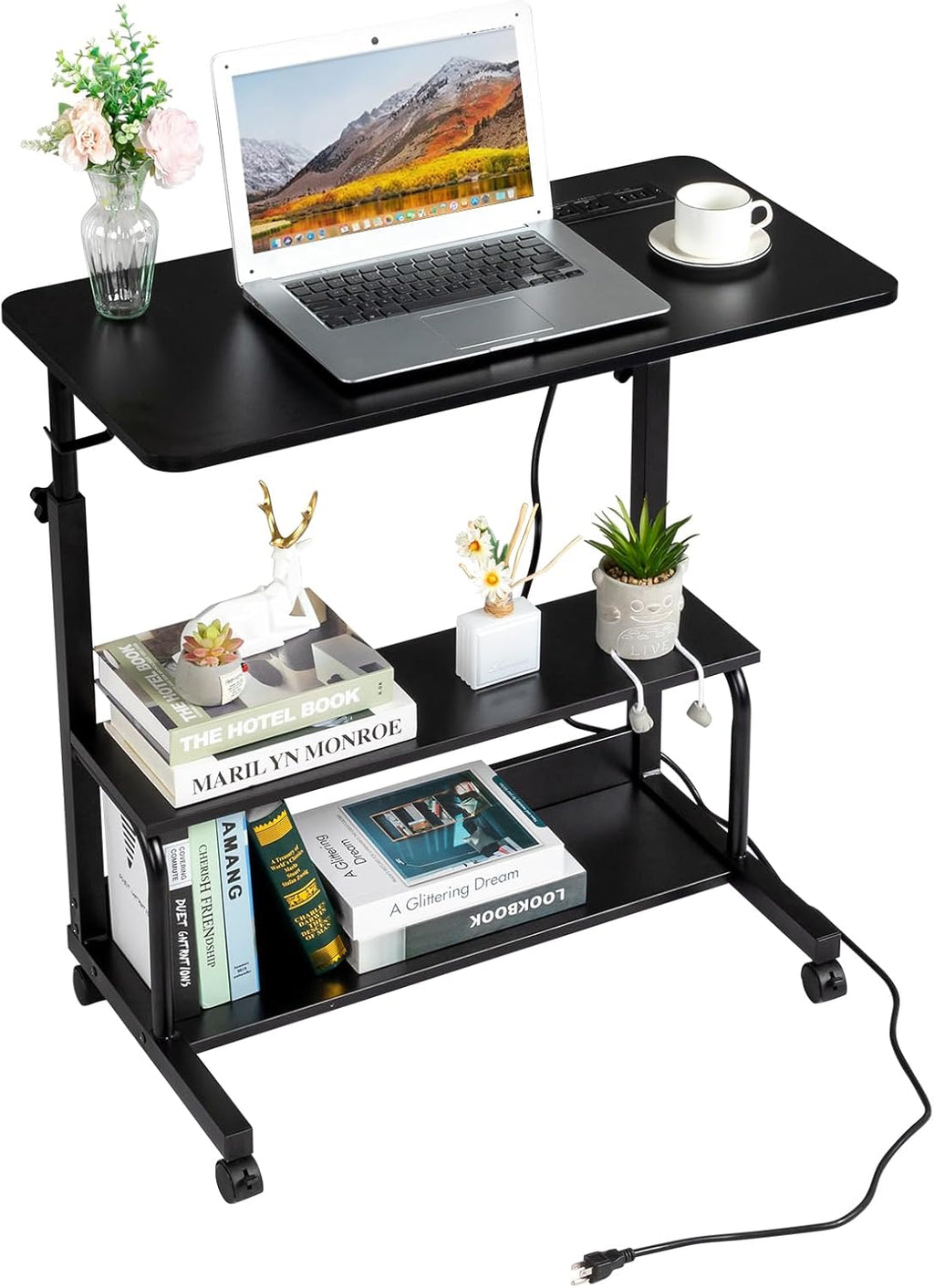 FCH 31.5" Mobile Small Standing Desk, Adjustable Height Mobile Computer Desk, w/2 AC Outlets + 3 USB Ports &amp; Hooks, Storage Shelves, Suitable for Gaming, Studying, Home Office, White