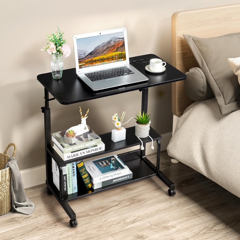 FCH 31.5" Mobile Small Standing Desk, Adjustable Height Mobile Computer Desk, w/2 AC Outlets + 3 USB Ports &amp; Hooks, Storage Shelves, Suitable for Gaming, Studying, Home Office, White