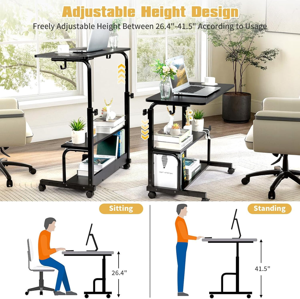 FCH 31.5" Mobile Small Standing Desk, Adjustable Height Mobile Computer Desk, w/2 AC Outlets + 3 USB Ports &amp; Hooks, Storage Shelves, Suitable for Gaming, Studying, Home Office, White
