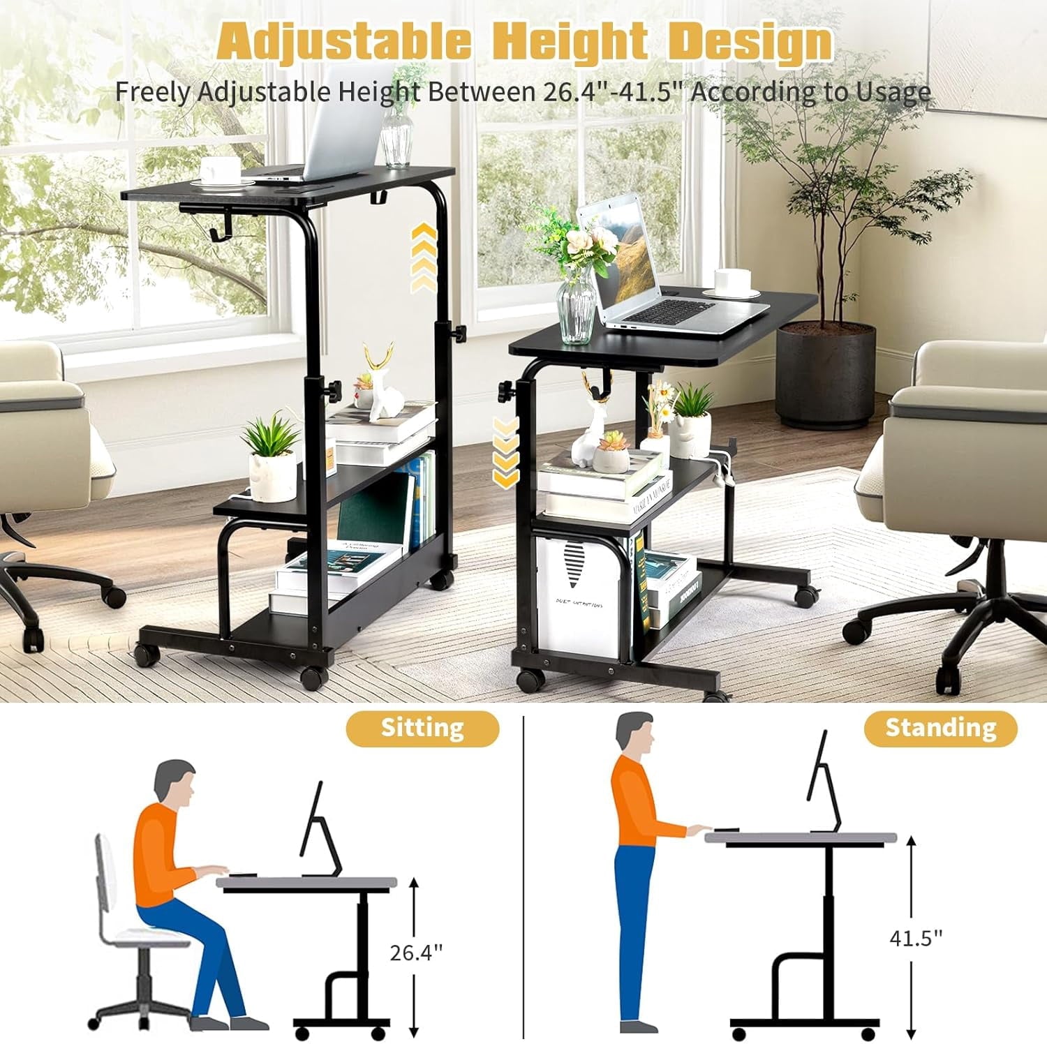 FCH 31.5" Mobile Small Standing Desk, Adjustable Height Mobile Computer Desk, w/2 AC Outlets + 3 USB Ports &amp; Hooks, Storage Shelves, Suitable for Gaming, Studying, Home Office, White
