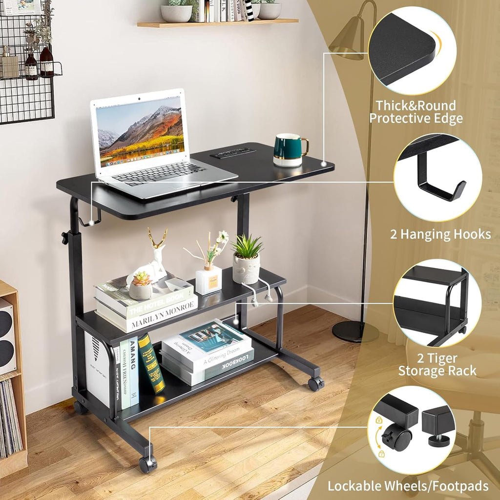 FCH 31.5" Mobile Small Standing Desk, Adjustable Height Mobile Computer Desk, w/2 AC Outlets + 3 USB Ports &amp; Hooks, Storage Shelves, Suitable for Gaming, Studying, Home Office, White