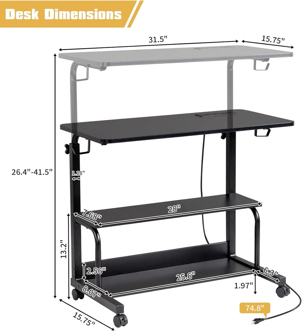 FCH 31.5" Mobile Small Standing Desk, Adjustable Height Mobile Computer Desk, w/2 AC Outlets + 3 USB Ports &amp; Hooks, Storage Shelves, Suitable for Gaming, Studying, Home Office, White
