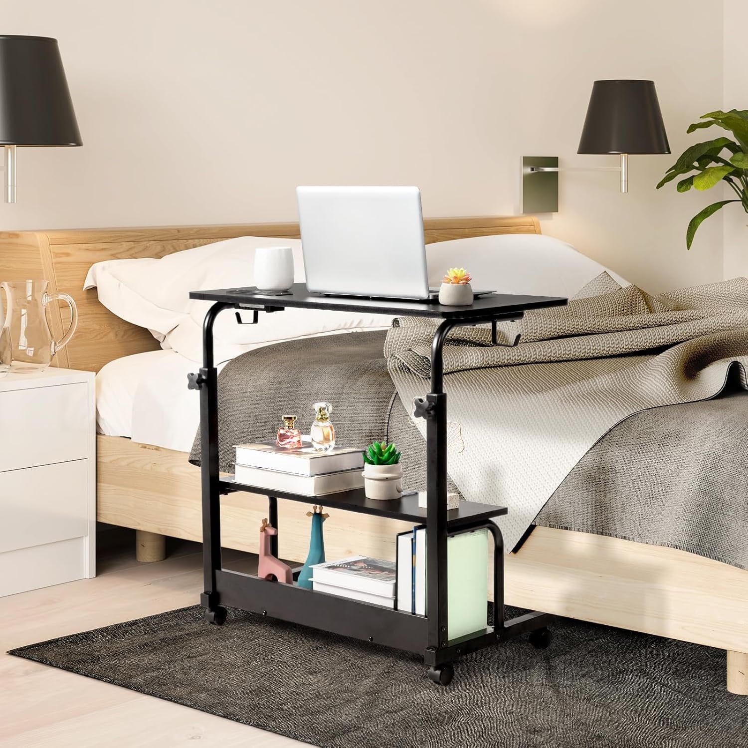 FCH 31.5" Mobile Small Standing Desk, Adjustable Height Mobile Computer Desk, w/2 AC Outlets + 3 USB Ports &amp; Hooks, Storage Shelves, Suitable for Gaming, Studying, Home Office, White