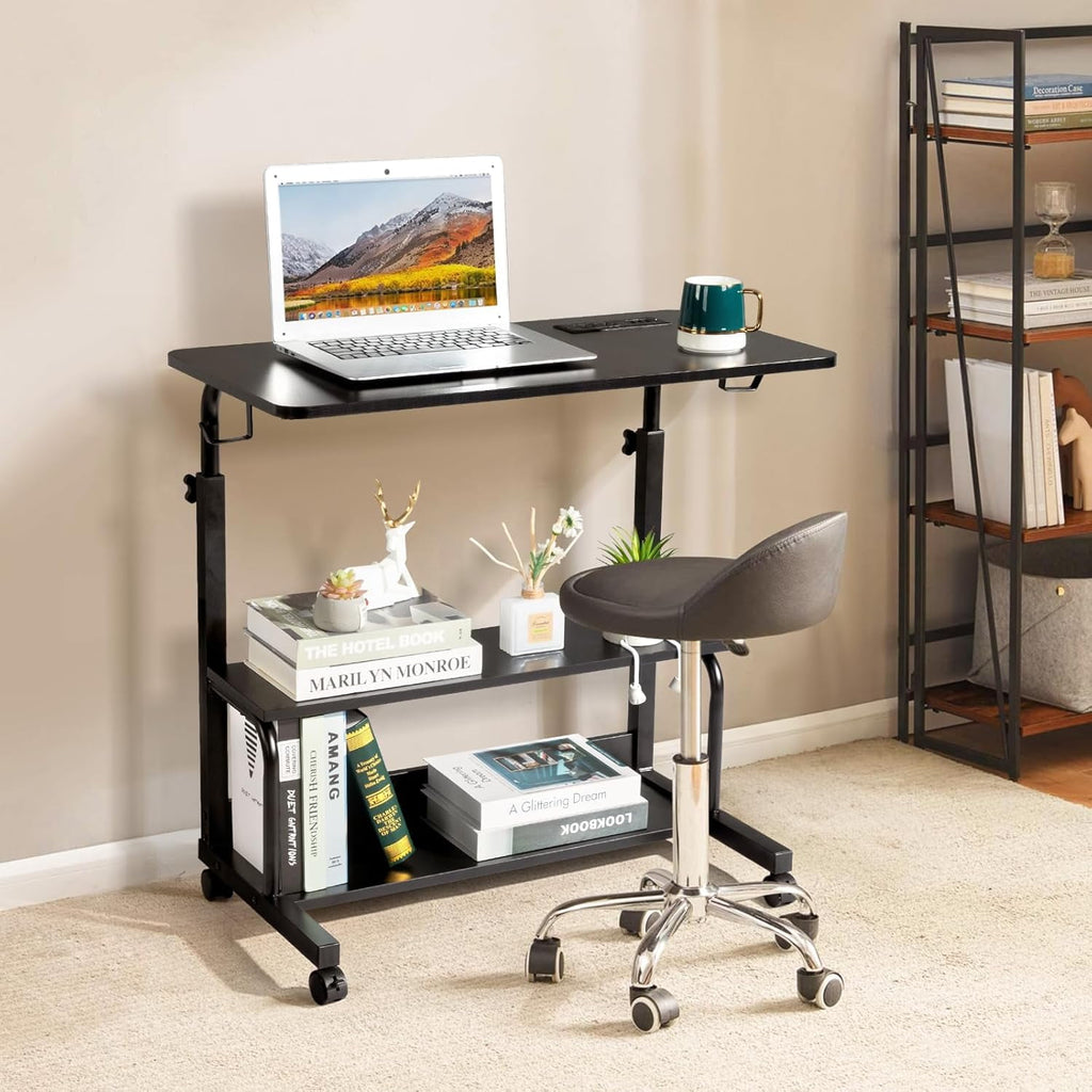 FCH 31.5" Mobile Small Standing Desk, Adjustable Height Mobile Computer Desk, w/2 AC Outlets + 3 USB Ports &amp; Hooks, Storage Shelves, Suitable for Gaming, Studying, Home Office, White