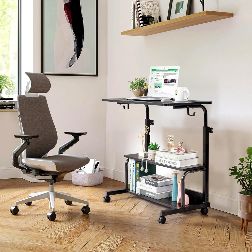 FCH 31.5" Mobile Small Standing Desk, Adjustable Height Mobile Computer Desk, w/2 AC Outlets + 3 USB Ports &amp; Hooks, Storage Shelves, Suitable for Gaming, Studying, Home Office, White
