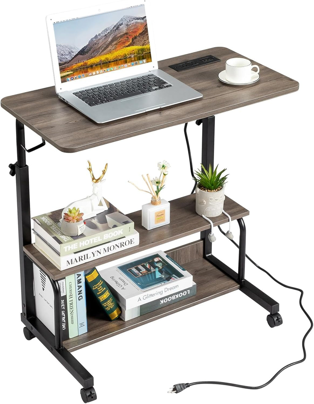 FCH 31.5" Mobile Small Standing Desk, Adjustable Height Mobile Computer Desk, w/2 AC Outlets + 3 USB Ports &amp; Hooks, Storage Shelves, Suitable for Gaming, Studying, Home Office, White