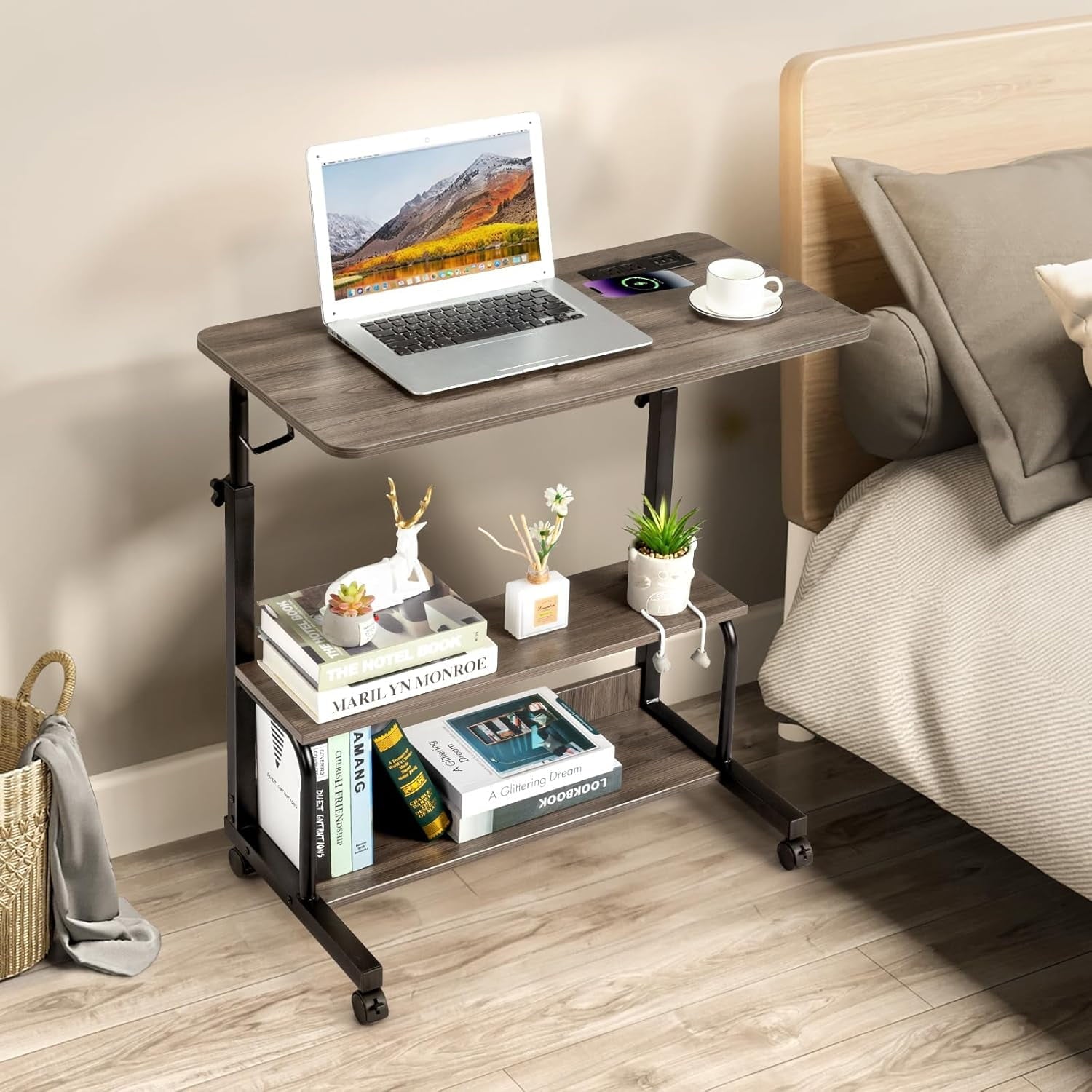FCH 31.5" Mobile Small Standing Desk, Adjustable Height Mobile Computer Desk, w/2 AC Outlets + 3 USB Ports &amp; Hooks, Storage Shelves, Suitable for Gaming, Studying, Home Office, White