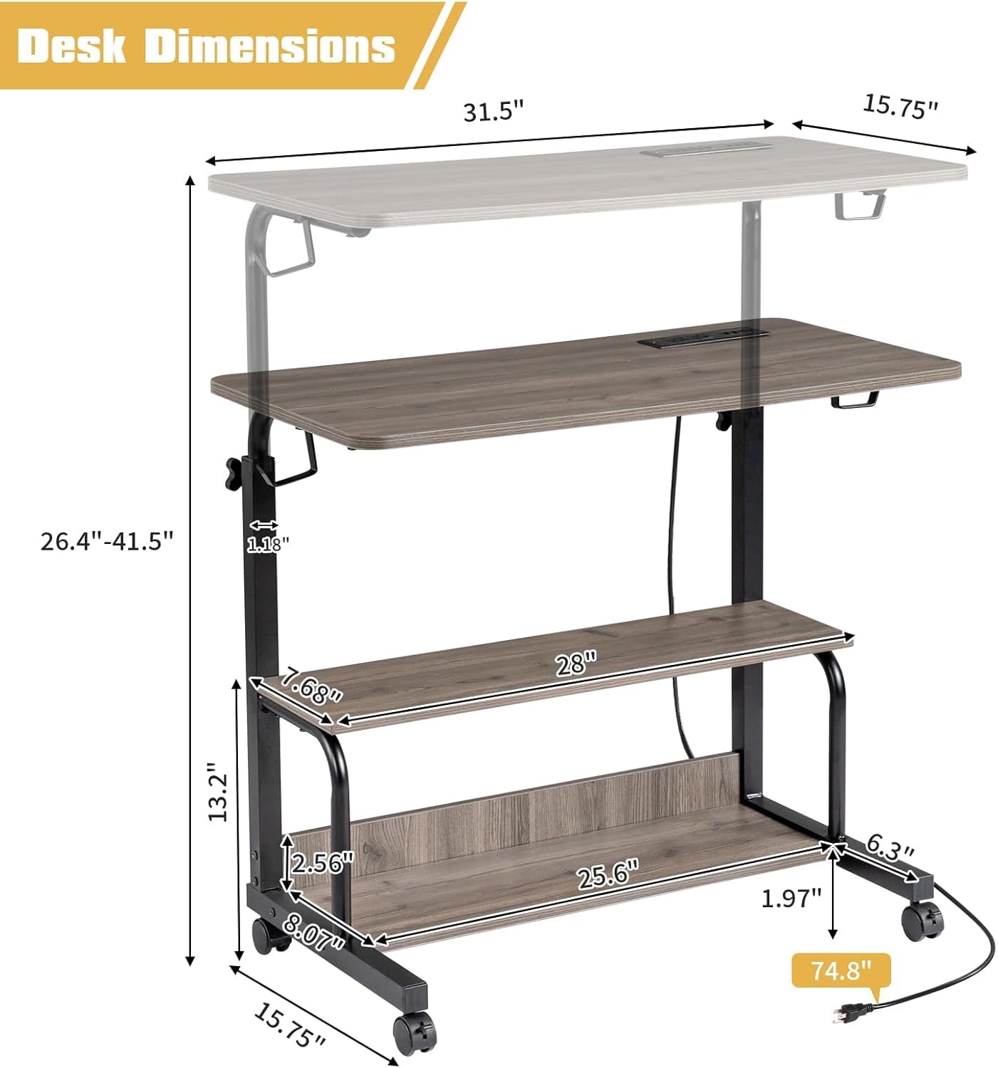 FCH 31.5" Mobile Small Standing Desk, Adjustable Height Mobile Computer Desk, w/2 AC Outlets + 3 USB Ports &amp; Hooks, Storage Shelves, Suitable for Gaming, Studying, Home Office, White