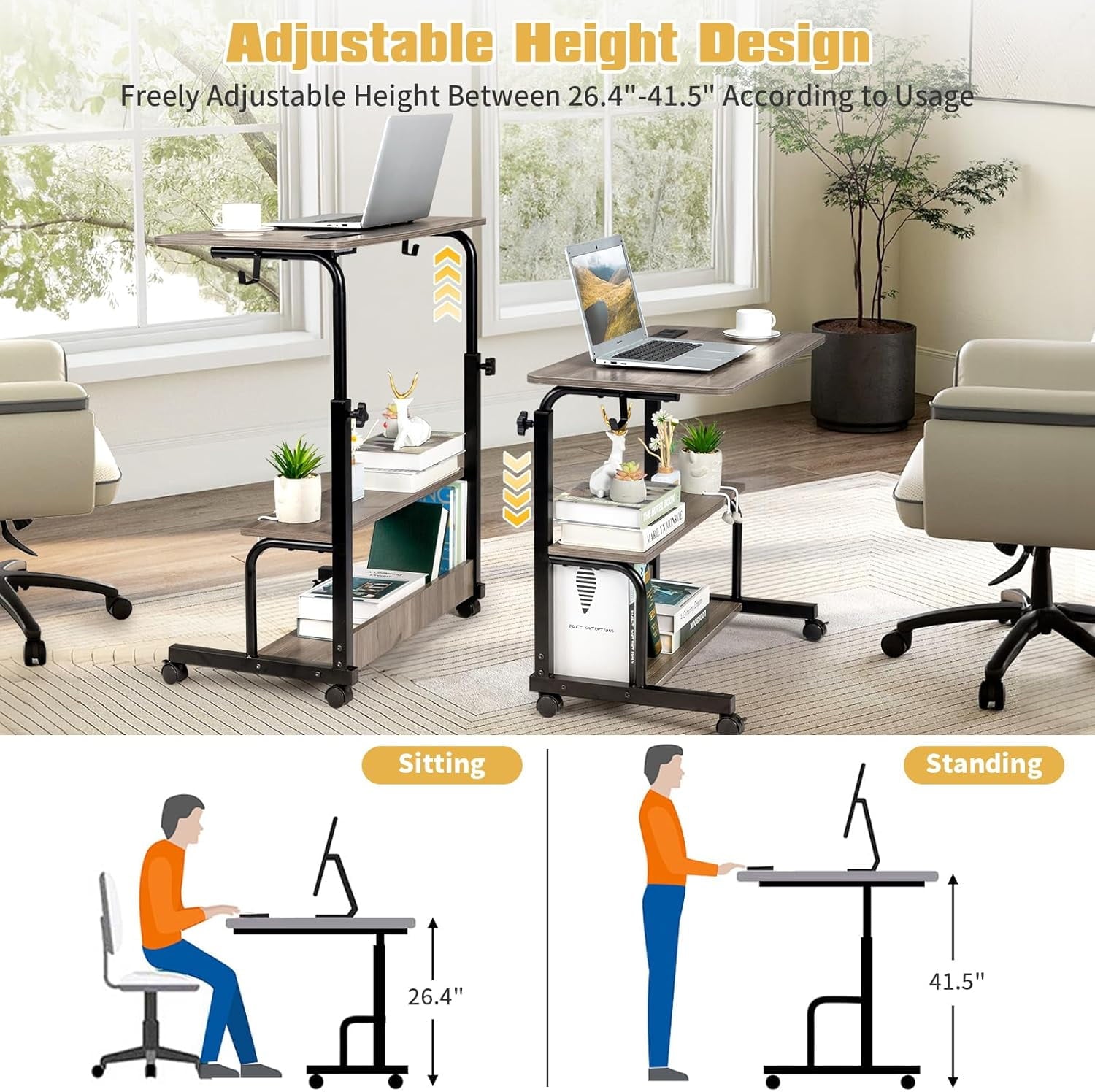 FCH 31.5" Mobile Small Standing Desk, Adjustable Height Mobile Computer Desk, w/2 AC Outlets + 3 USB Ports &amp; Hooks, Storage Shelves, Suitable for Gaming, Studying, Home Office, White
