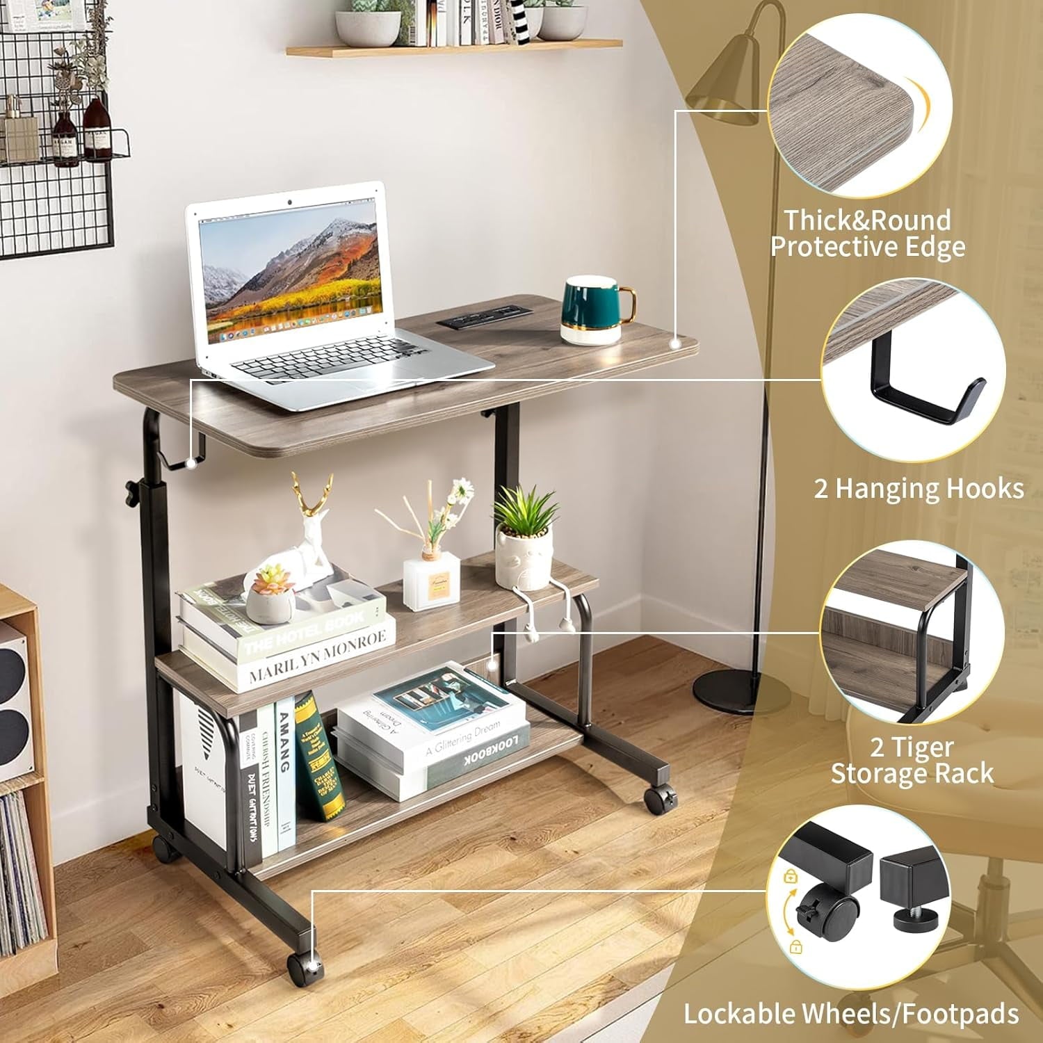 FCH 31.5" Mobile Small Standing Desk, Adjustable Height Mobile Computer Desk, w/2 AC Outlets + 3 USB Ports &amp; Hooks, Storage Shelves, Suitable for Gaming, Studying, Home Office, White