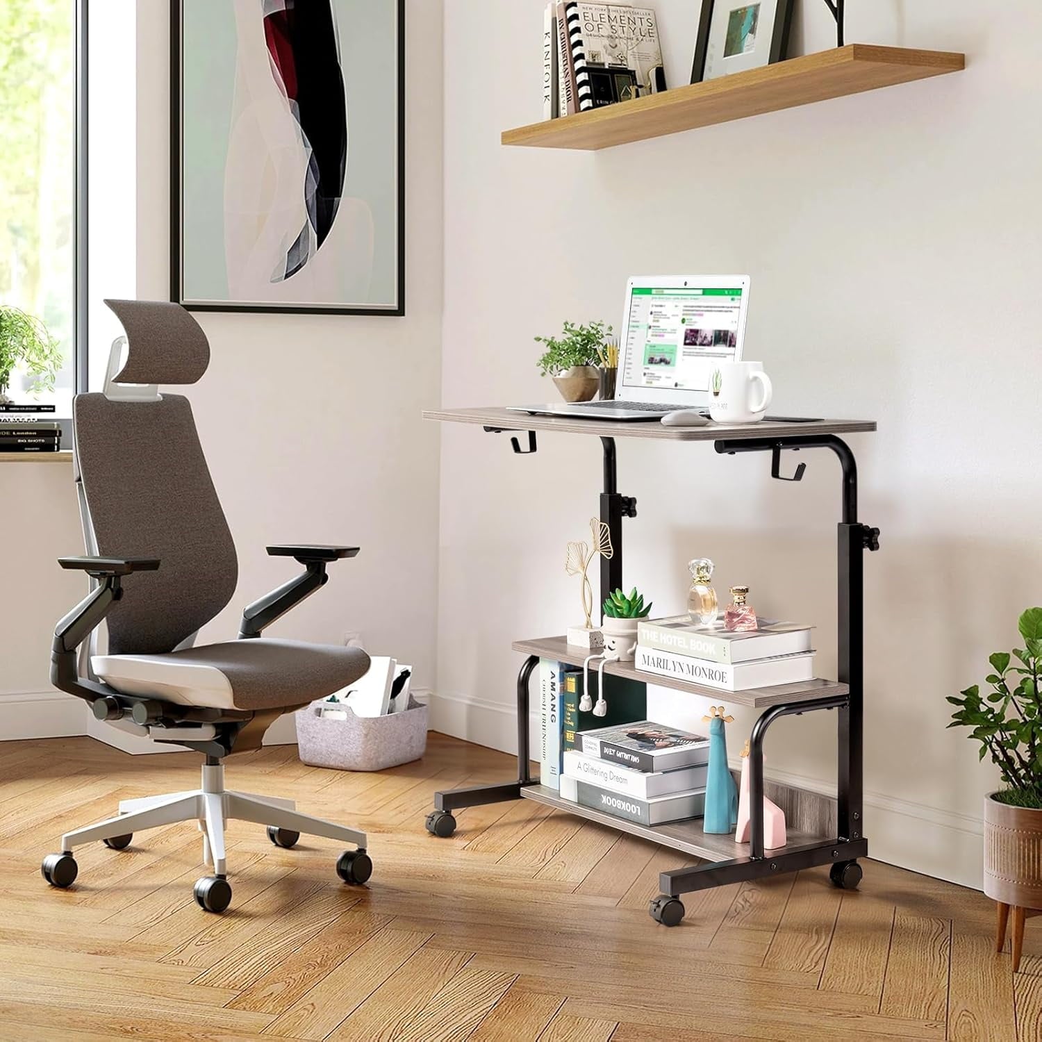 FCH 31.5" Mobile Small Standing Desk, Adjustable Height Mobile Computer Desk, w/2 AC Outlets + 3 USB Ports &amp; Hooks, Storage Shelves, Suitable for Gaming, Studying, Home Office, White