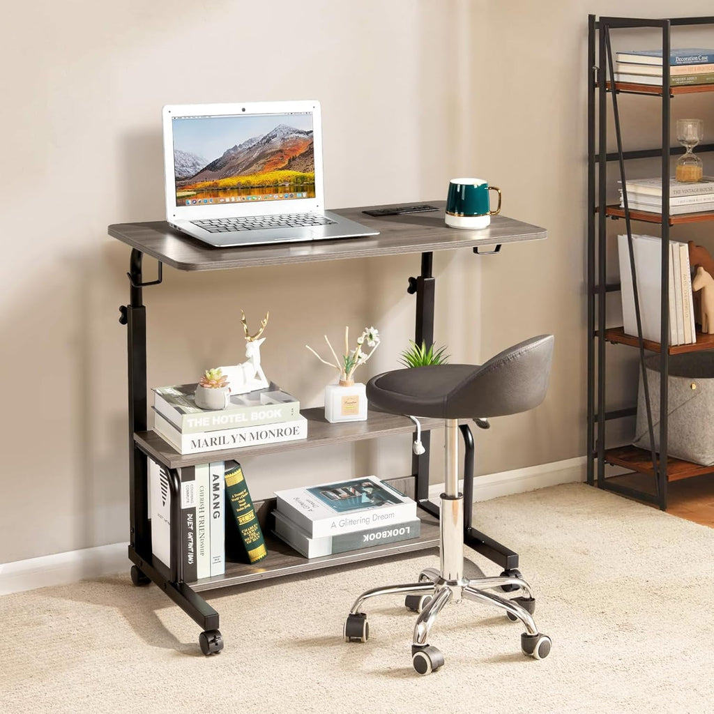 FCH 31.5" Mobile Small Standing Desk, Adjustable Height Mobile Computer Desk, w/2 AC Outlets + 3 USB Ports &amp; Hooks, Storage Shelves, Suitable for Gaming, Studying, Home Office, White