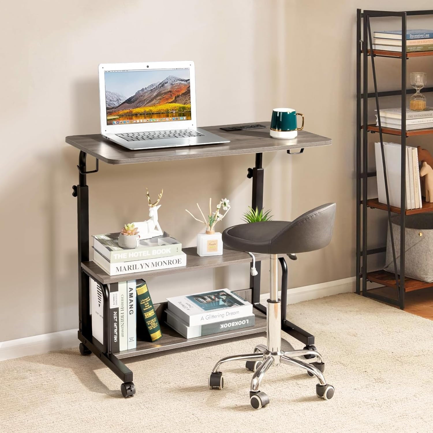 FCH 31.5" Mobile Small Standing Desk, Adjustable Height Mobile Computer Desk, w/2 AC Outlets + 3 USB Ports &amp; Hooks, Storage Shelves, Suitable for Gaming, Studying, Home Office, White
