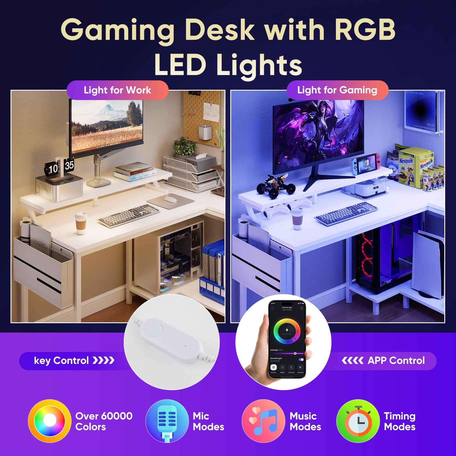 Gianna L-Shaped Gaming Desk with LED Lights, USB-C Charging and Monitor Stand