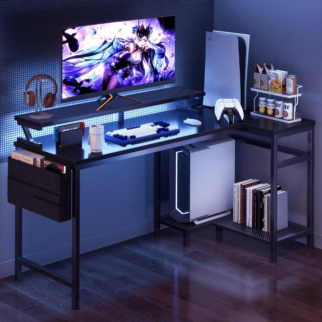 Gianna L-Shaped Gaming Desk with LED Lights, USB-C Charging and Monitor Stand