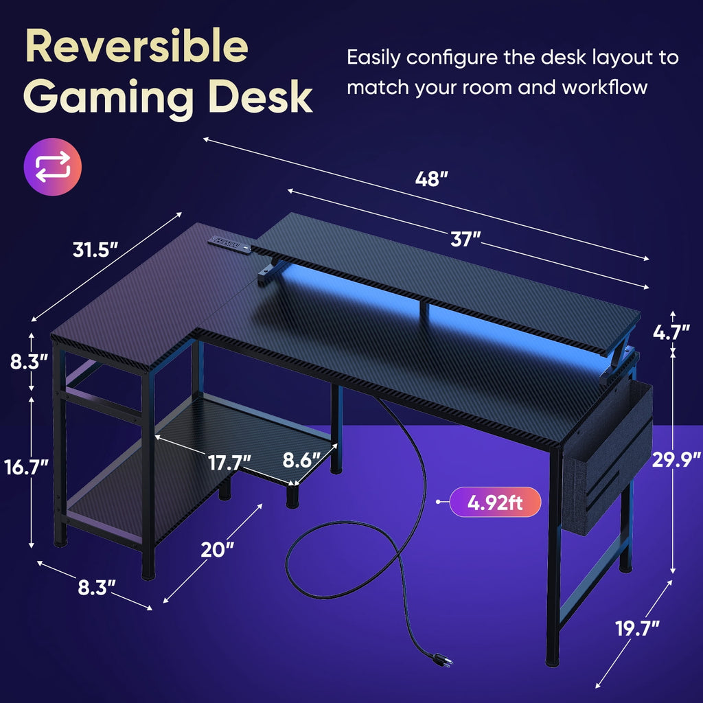 Gianna L-Shaped Gaming Desk with LED Lights, USB-C Charging and Monitor Stand