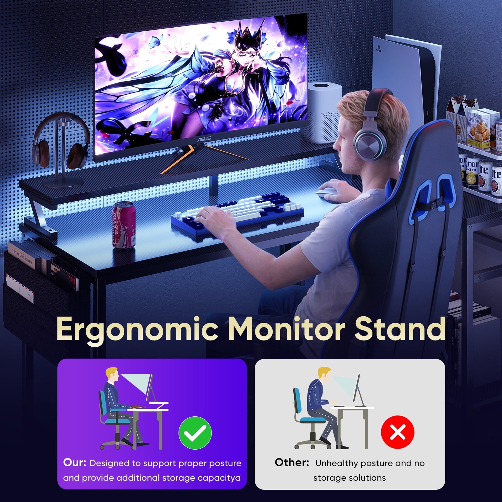 Gianna L-Shaped Gaming Desk with LED Lights, USB-C Charging and Monitor Stand
