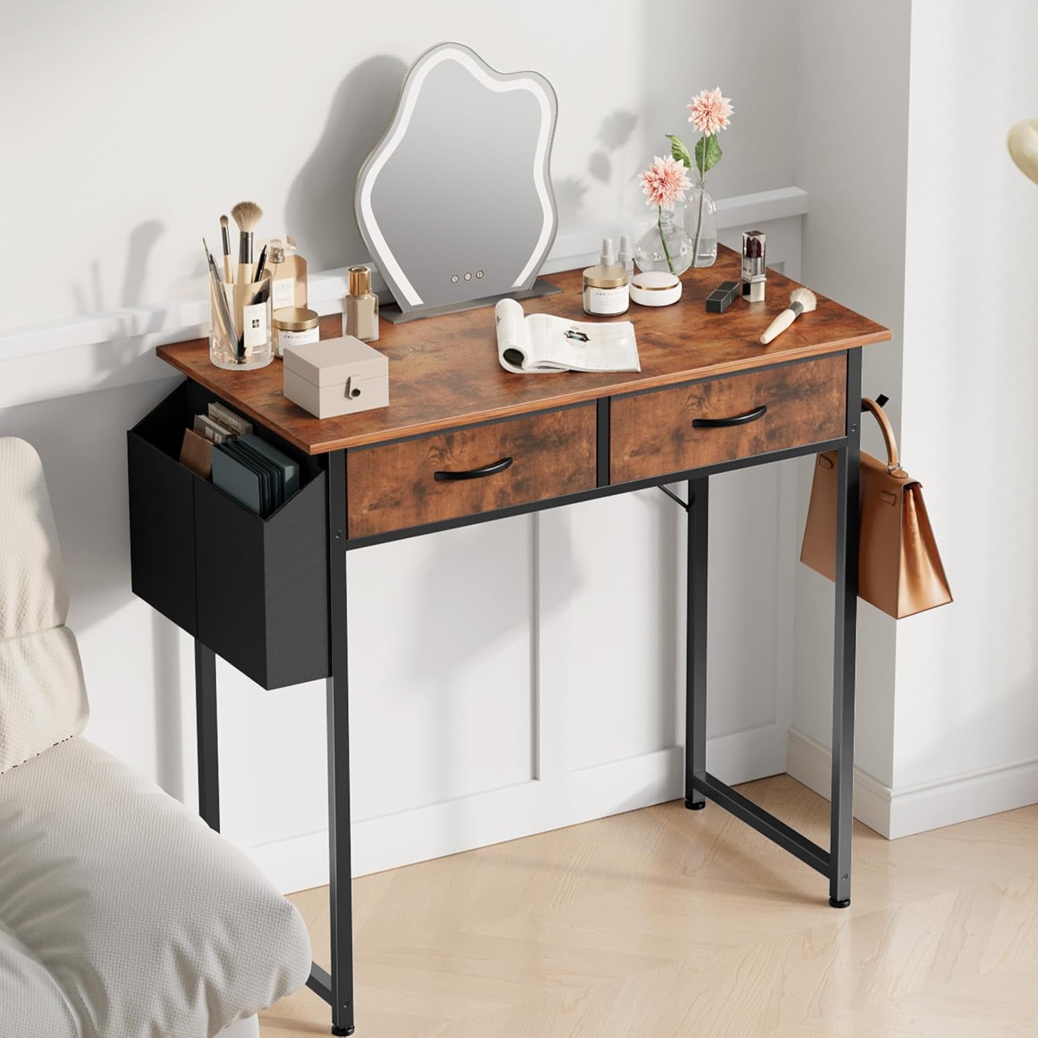 Bigleap 32 Inch Computer Desk with 2 Fabric Drawers, Modern Minimalist Writing Desk for Home Office, Bedroom, Study, Brown