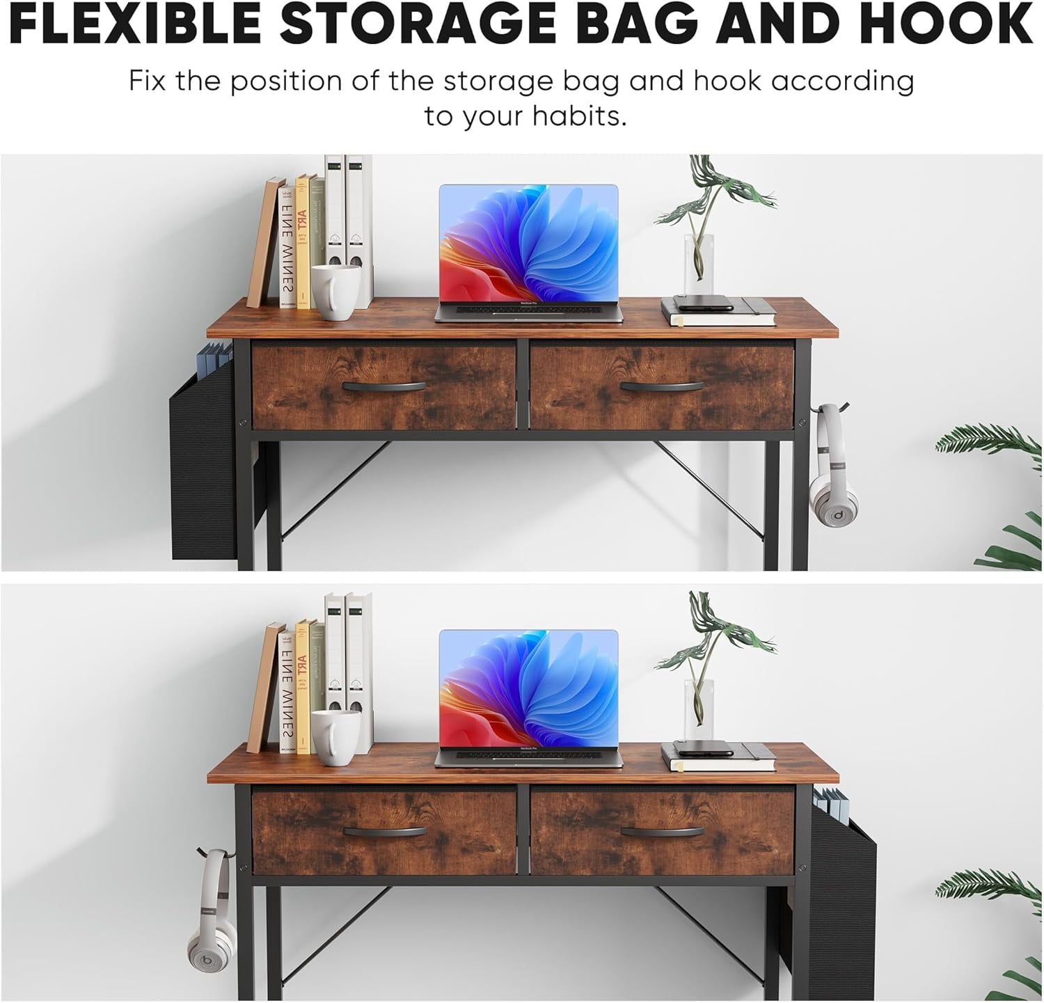 Bigleap 32 Inch Computer Desk with 2 Fabric Drawers, Modern Minimalist Writing Desk for Home Office, Bedroom, Study, Brown