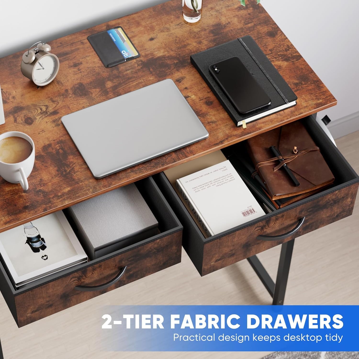 Bigleap 32 Inch Computer Desk with 2 Fabric Drawers, Modern Minimalist Writing Desk for Home Office, Bedroom, Study, Brown