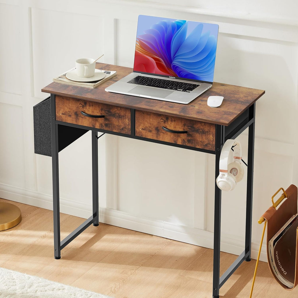 Bigleap 32 Inch Computer Desk with 2 Fabric Drawers, Modern Minimalist Writing Desk for Home Office, Bedroom, Study, Brown