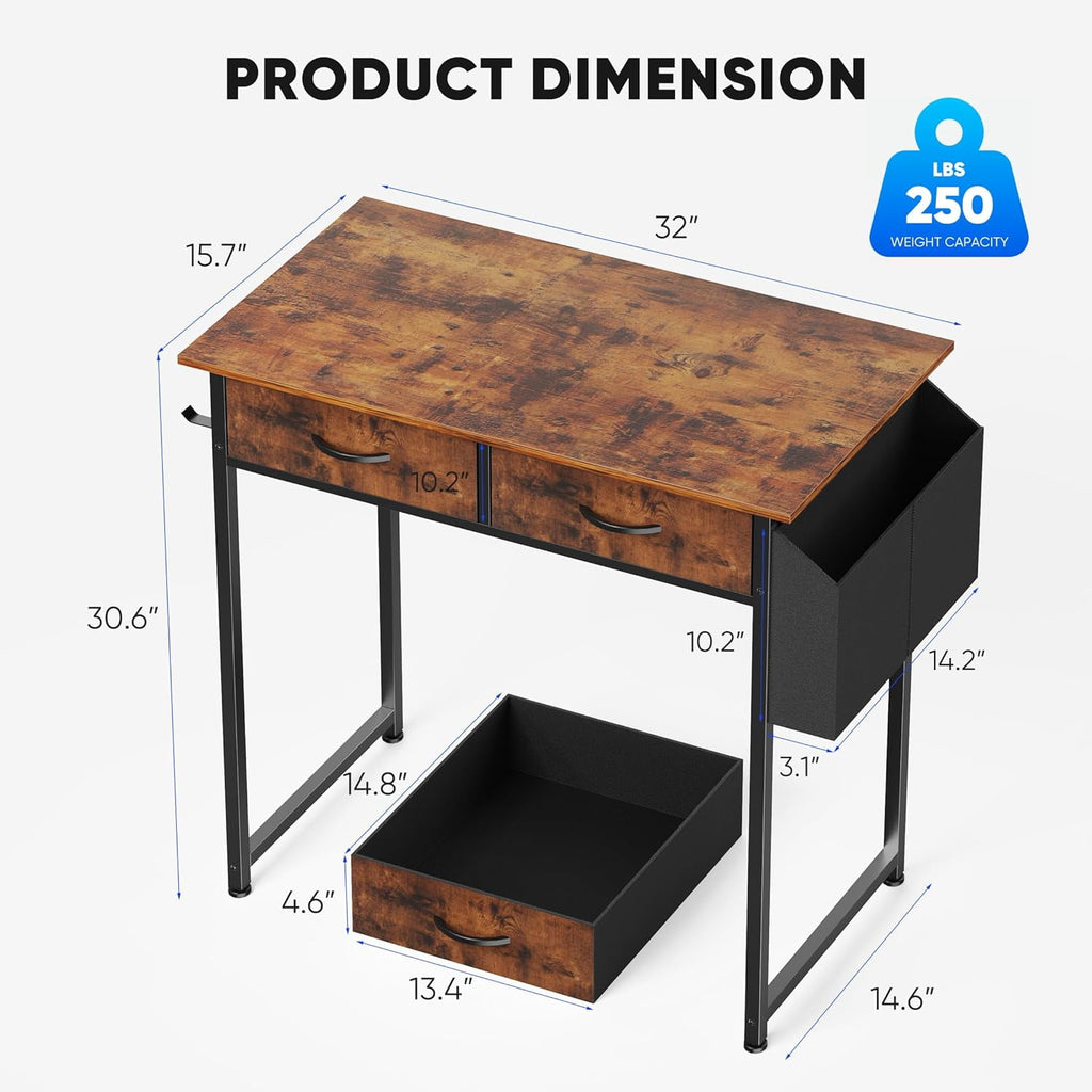 Bigleap 32 Inch Computer Desk with 2 Fabric Drawers, Modern Minimalist Writing Desk for Home Office, Bedroom, Study, Brown