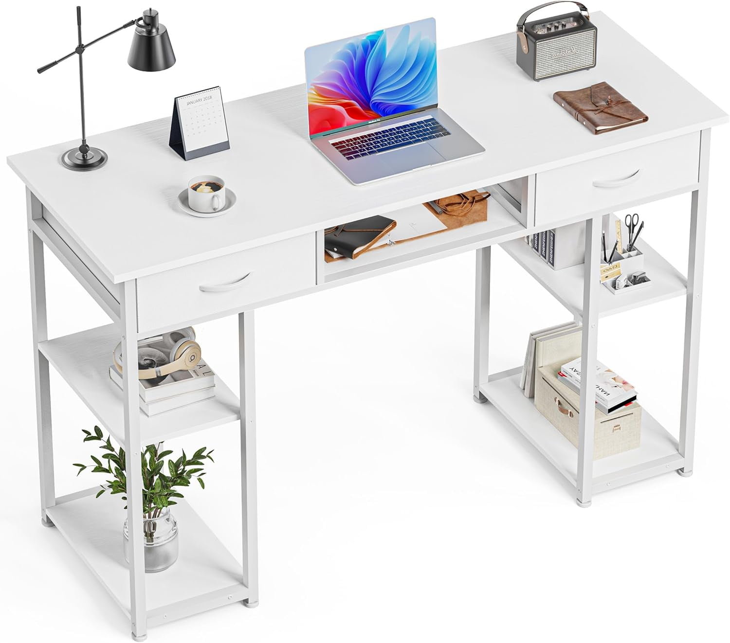 Bigleap 32 Inch Computer Desk with 2 Fabric Drawers, Modern Minimalist Writing Desk for Home Office, Bedroom, Study, Brown