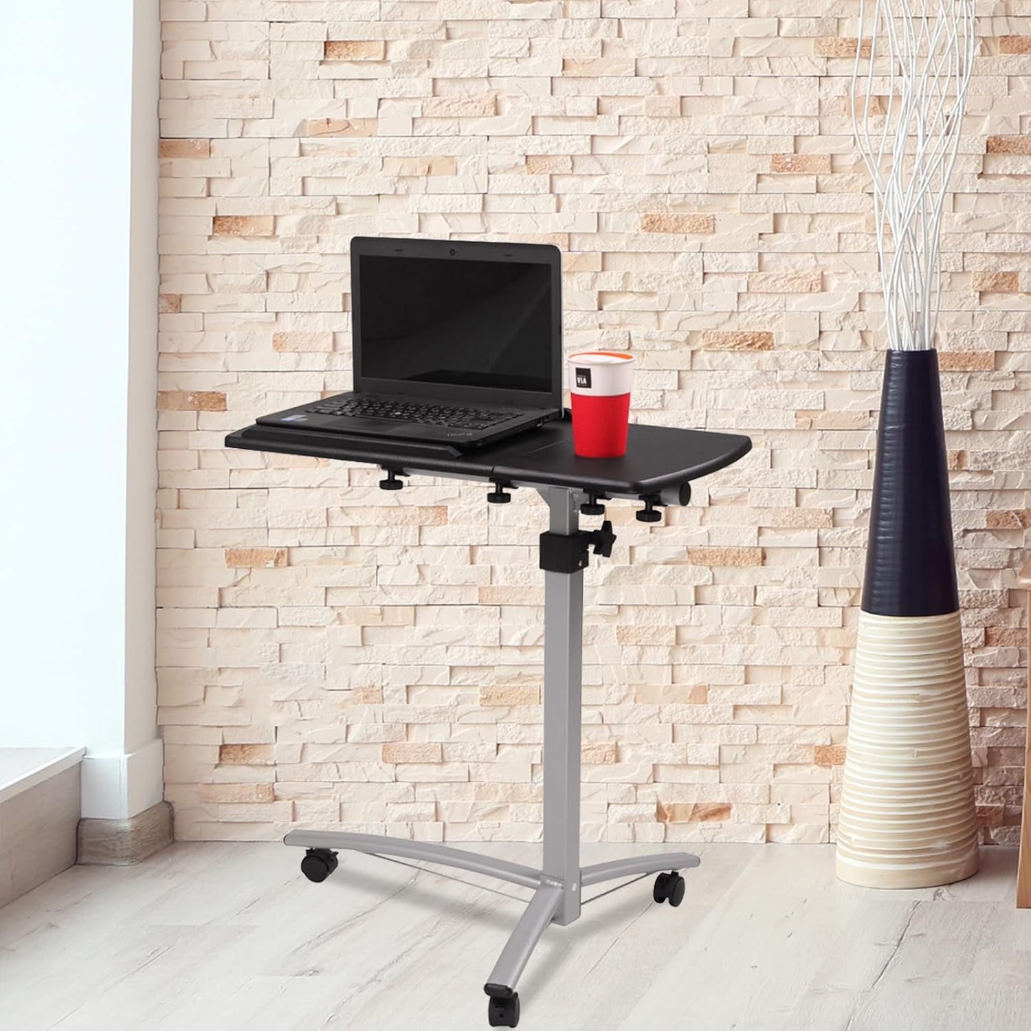 FCH 25.2 Inch Rolling Adjustable Multifunctional Lifting Computer Desk, Tilting Desktop, Sit Stand Laptop Desk TV Tray for Bed Sofa Hospital Reading Eating, Black