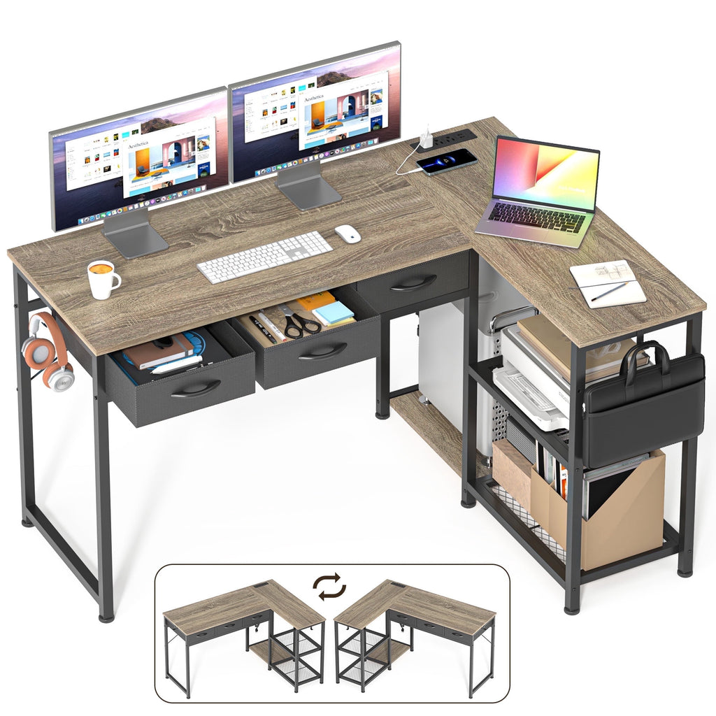 Asofer 53" L Shape Desk, Computer Desk with 3 Drawer and Shelves, Power Outlet, Retro